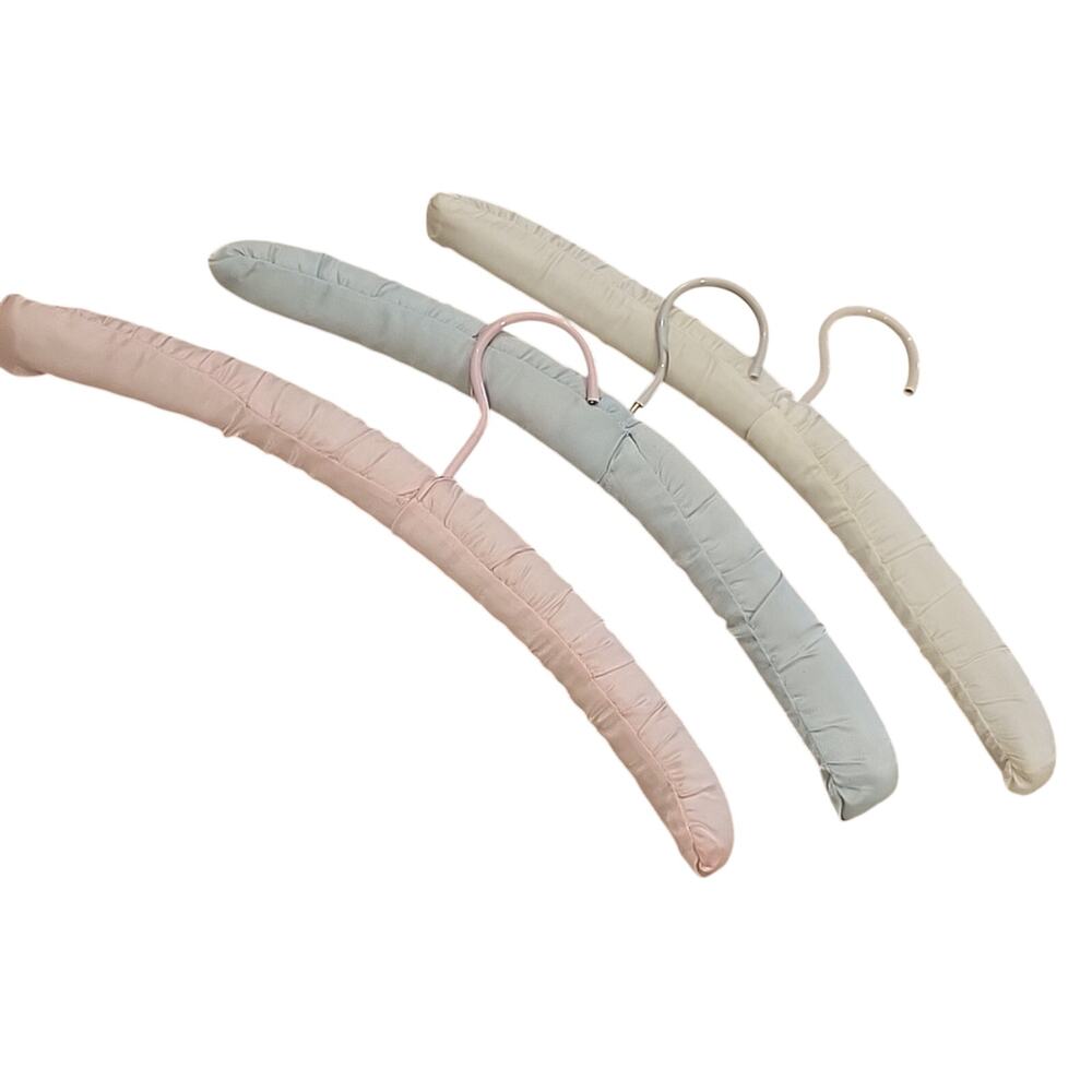 Lot /3 Vintage Satin Covered Fabric Padded Clothes Hangers White Pink Blue 15”